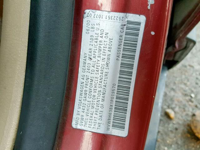 WVWBH63BX1P019570 - 2001 VOLKSWAGEN PASSAT GLX 红色 照片 10
