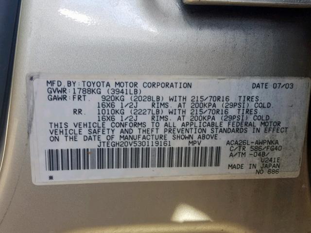 JTEGH20V530119161 - 2003 TOYOTA RAV4 GOLD photo 10