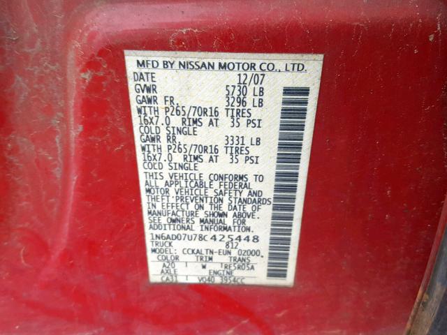 1N6AD07U78C425448 - 2008 NISSAN FRONTIER C RED photo 10