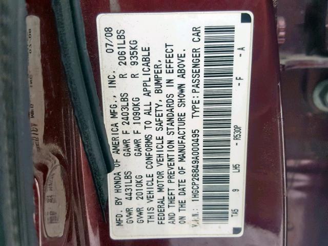 1HGCP26849A000495 - 2009 HONDA ACCORD EXL RED photo 10