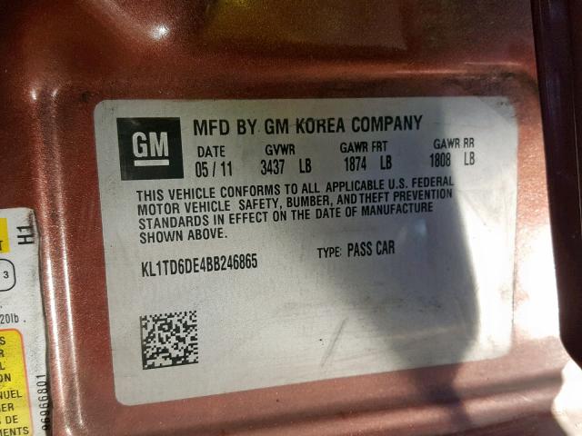 KL1TD6DE4BB246865 - 2011 CHEVROLET AVEO LS ORANGE photo 10