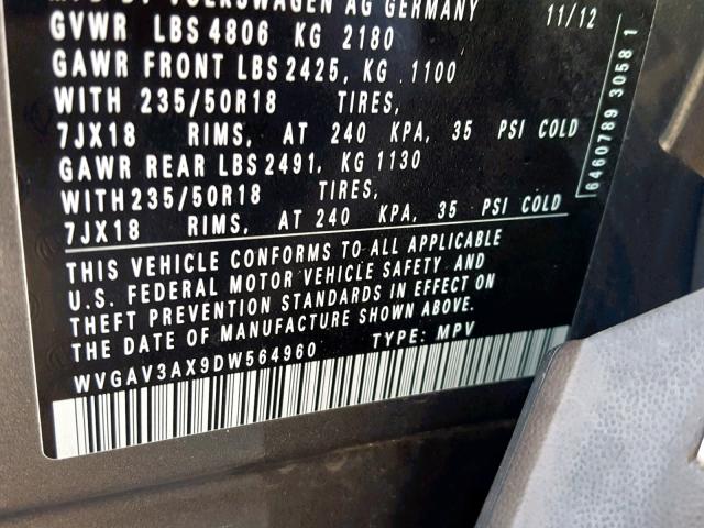 WVGAV3AX9DW564960 - 2013 VOLKSWAGEN TIGUAN S 灰色 照片 10