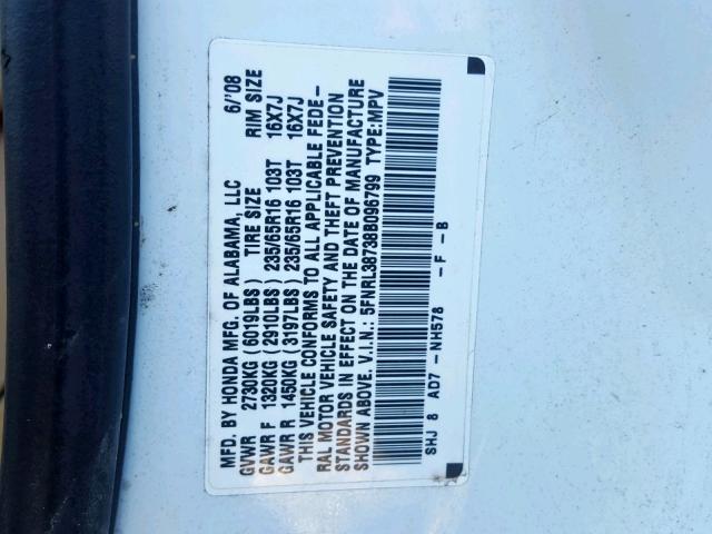 5FNRL38738B096799 - 2008 HONDA ODYSSEY EX WHITE photo 10