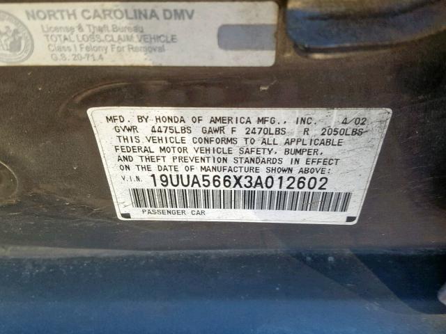 19UUA566X3A012602 - 2003 ACURA 3.2TL GRAY photo 10