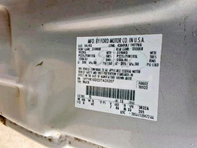 1FTYR10D23TA35207 - 2003 FORD RANGER SILVER photo 10