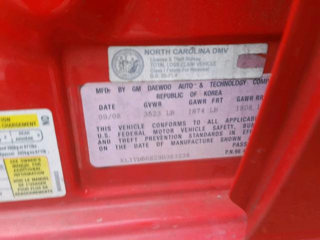 KL1TD56E29B383238 - 2009 CHEVROLET AVEO LS RED photo 10