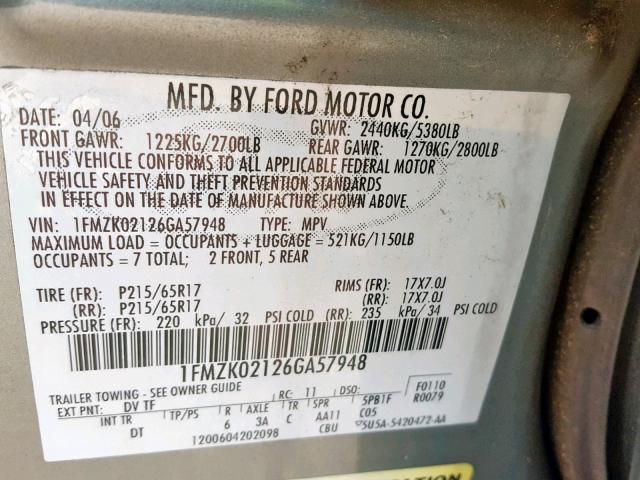 1FMZK02126GA57948 - 2006 FORD FREESTYLE GREEN photo 10