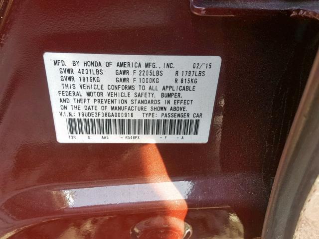 19UDE2F38GA000916 - 2016 ACURA ILX BASE RED photo 10