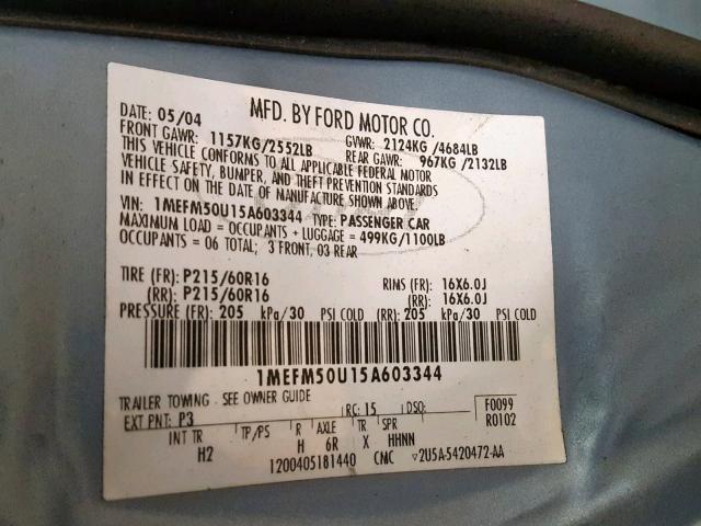 1MEFM50U15A603344 - 2005 MERCURY SABLE GS BLUE photo 10