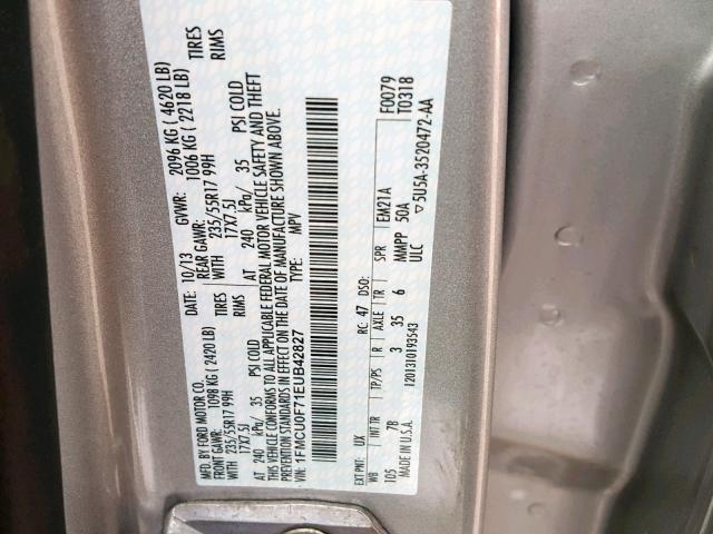 1FMCU0F71EUB42827 - 2014 FORD ESCAPE S SILVER photo 10