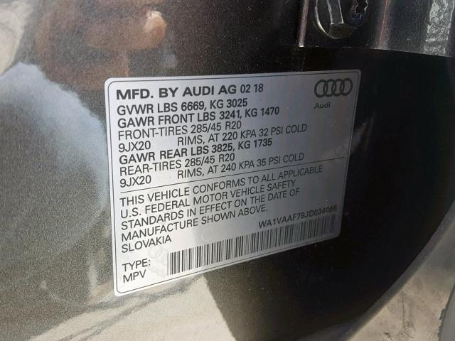 WA1VAAF79JD034066 - 2018 AUDI Q7 PRESTIG GRAY photo 10