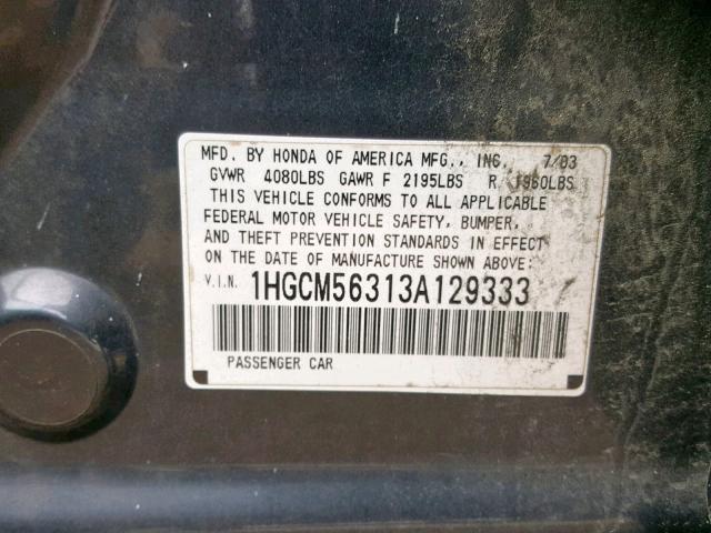 1HGCM56313A129333 - 2003 HONDA ACCORD LX Qara foto 10