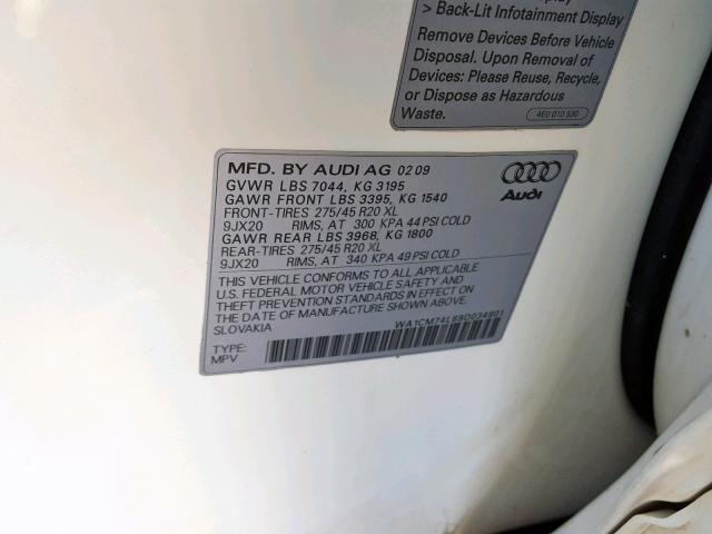 WA1CM74L69D034801 - 2009 AUDI Q7 TDI S-L WHITE photo 10