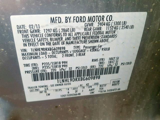 1LNHL9DRXBG609898 - 2011 LINCOLN MKS SILVER photo 10