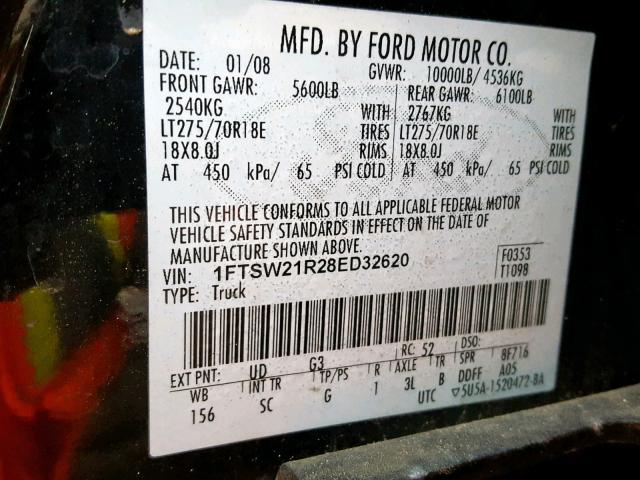 1FTSW21R28ED32620 - 2008 FORD F250 SUPER BLACK photo 10