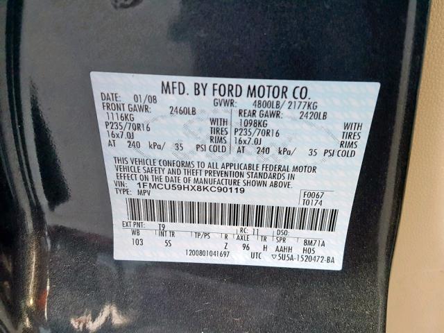 1FMCU59HX8KC90119 - 2008 FORD ESCAPE HEV CHARCOAL photo 10