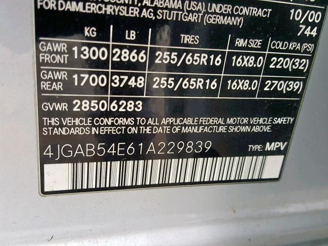 4JGAB54E61A229839 - 2001 MERCEDES-BENZ ML320 SILVER photo 10