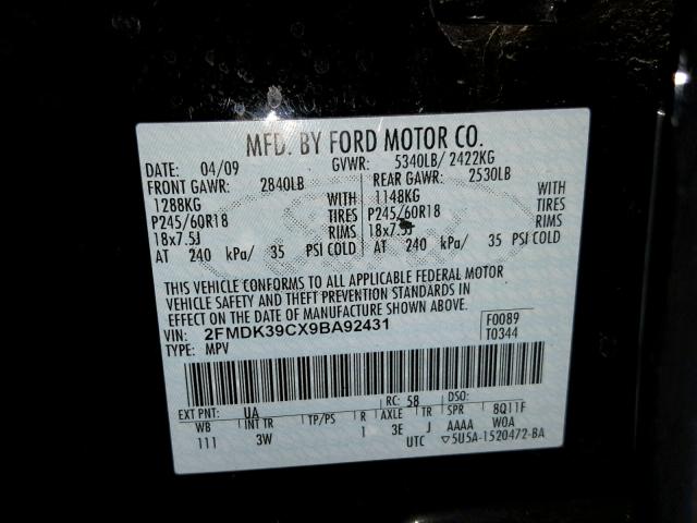 2FMDK39CX9BA92431 - 2009 FORD EDGE LIMIT BLACK photo 10