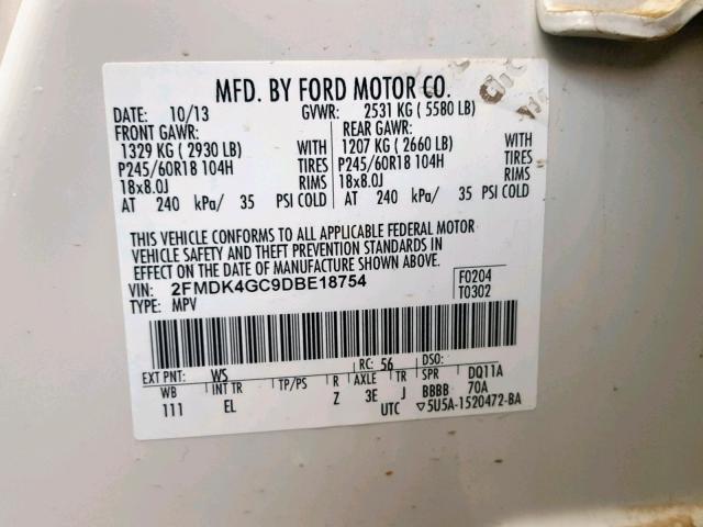 2FMDK4GC9DBE18754 - 2013 FORD EDGE SE WHITE photo 10