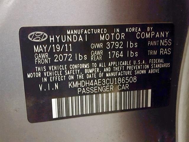 KMHDH4AE3CU186508 - 2012 HYUNDAI ELANTRA GL GRAY photo 10