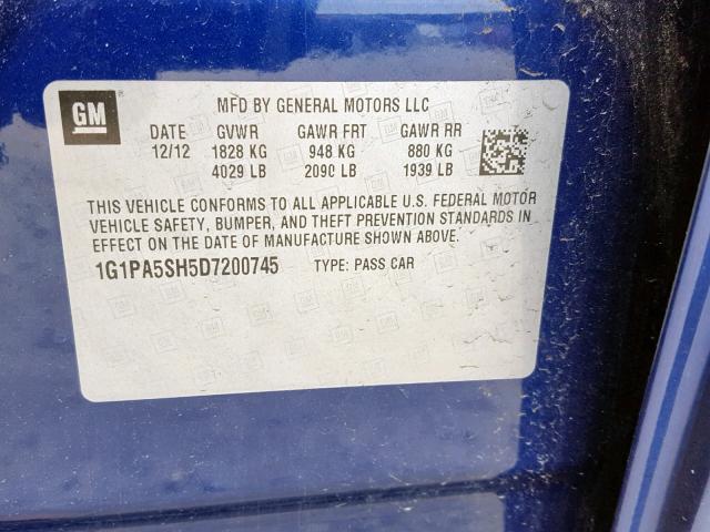 1G1PA5SH5D7200745 - 2013 CHEVROLET CRUZE LS BLUE photo 10