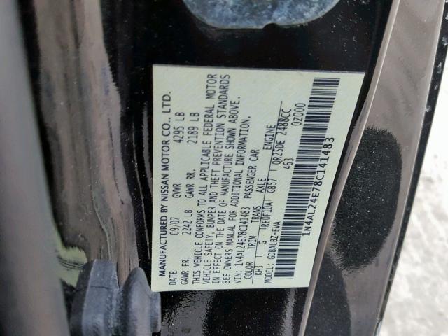 1N4AL24E78C141483 - 2008 NISSAN ALTIMA 2.5 BLACK photo 10