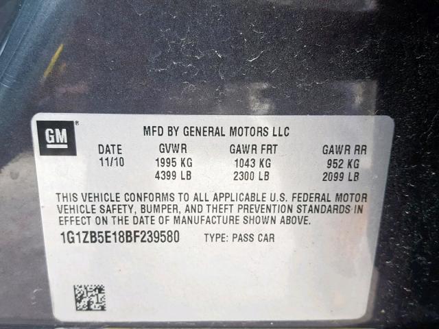 1G1ZB5E18BF239580 - 2011 CHEVROLET MALIBU LS ნაცრისფერი ფოტო 10