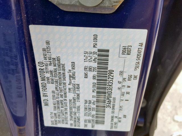 3FA6P0HD3ER352290 - 2014 FORD FUSION SE BLUE photo 10