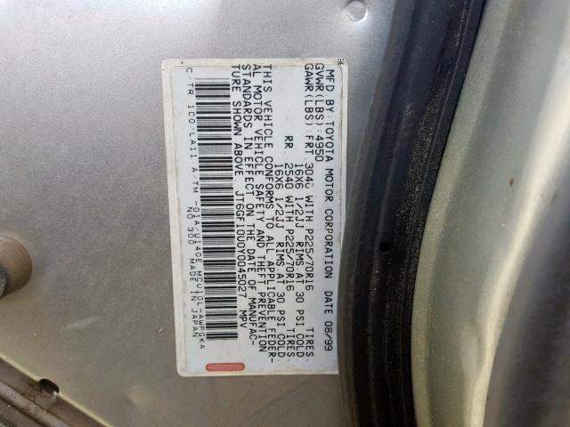 JT6GF10U0Y0045027 - 2000 LEXUS RX 300 SILVER photo 10