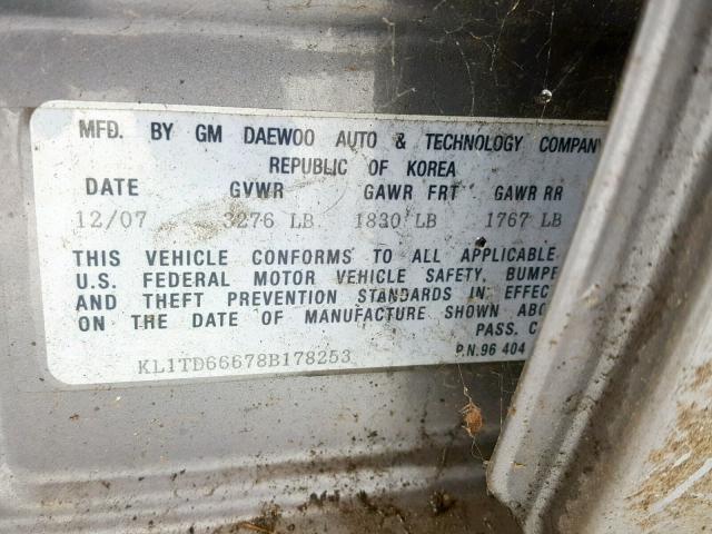 KL1TD66678B178253 - 2008 CHEVROLET AVEO BASE ნაცრისფერი ფოტო 10