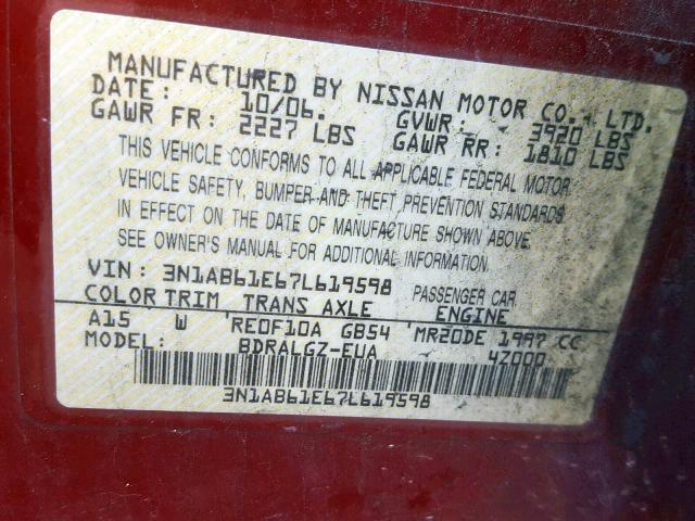 3N1AB61E67L619598 - 2007 NISSAN SENTRA 2.0 RED photo 10