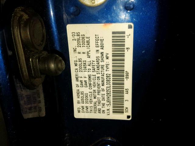 5J6YH28253L008282 - 2003 HONDA ELEMENT DX BLUE photo 10