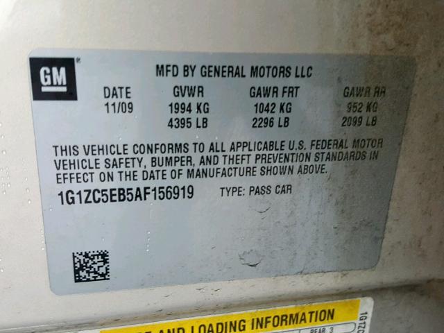 1G1ZC5EB5AF156919 - 2010 CHEVROLET MALIBU 1LT GOLD photo 10