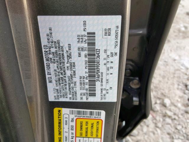 3FA6P0K99DR136432 - 2013 FORD FUSION TIT GRAY photo 10