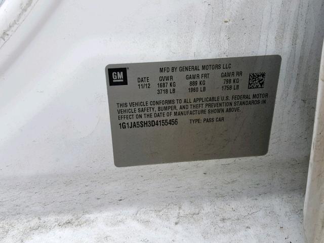 1G1JA5SH3D4155456 - 2013 CHEVROLET SONIC LS WHITE photo 10