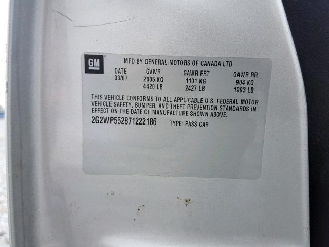 2G2WP552871222186 - 2007 PONTIAC GRAND PRIX SILVER photo 10