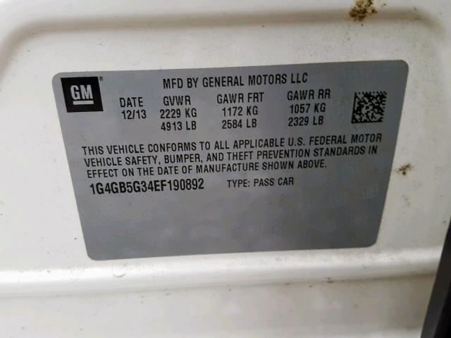 1G4GB5G34EF190892 - 2014 BUICK LACROSSE CREAM photo 10