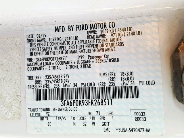 3FA6P0K93FR268511 - 2015 FORD FUSION TIT WHITE photo 10