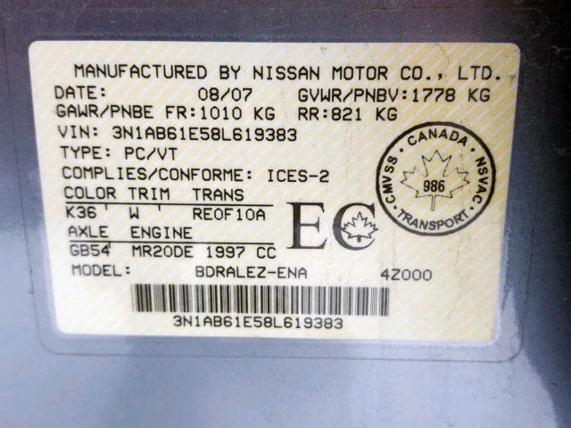 3N1AB61E58L619383 - 2008 NISSAN SENTRA 2.0 GRAY photo 10