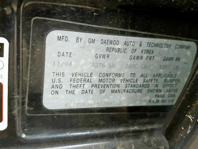 KL1TD62615B356112 - 2005 CHEVROLET AVEO BASE Qara foto 10