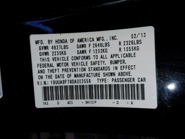 19UUA9F78DA003558 - 2013 ACURA TL ADVANCE BLACK photo 10