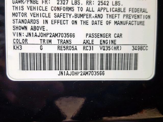 JN1AJ0HP2AM703566 - 2010 INFINITI EX35 BASE BLACK photo 10