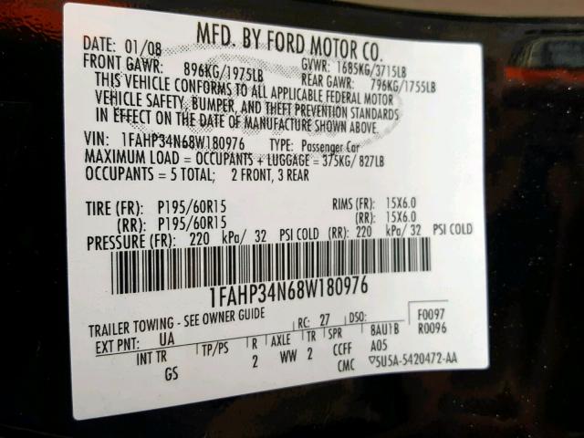 1FAHP34N68W180976 - 2008 FORD FOCUS S/SE BLACK photo 10