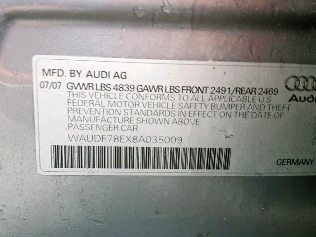 WAUDF78EX8A035009 - 2008 AUDI A4 2.0T QU SILVER photo 10