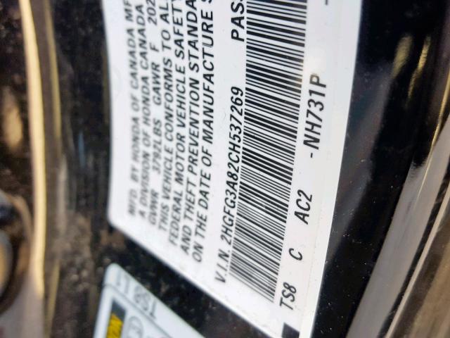 2HGFG3A82CH537269 - 2012 HONDA CIVIC EX BLACK photo 10