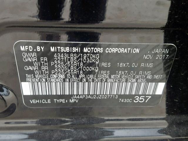 JA4AP3AU2JZ027713 - 2018 MITSUBISHI OUTLANDER BLACK photo 10