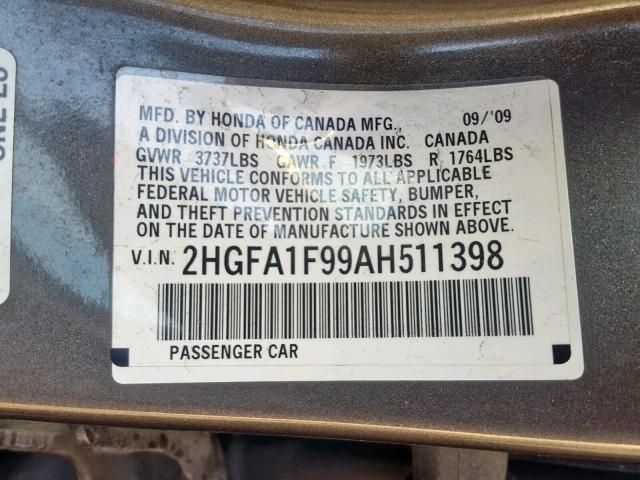 2HGFA1F99AH511398 - 2010 HONDA CIVIC EXL GRAY photo 10