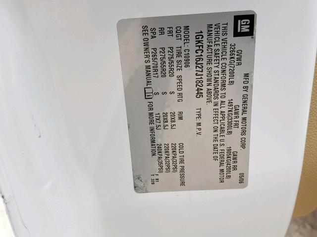 1GKFC16J27J182445 - 2007 GMC YUKON XL C WHITE photo 10