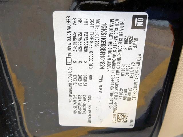 1GKS1KE08BR161824 - 2011 GMC YUKON XL C BLACK photo 10