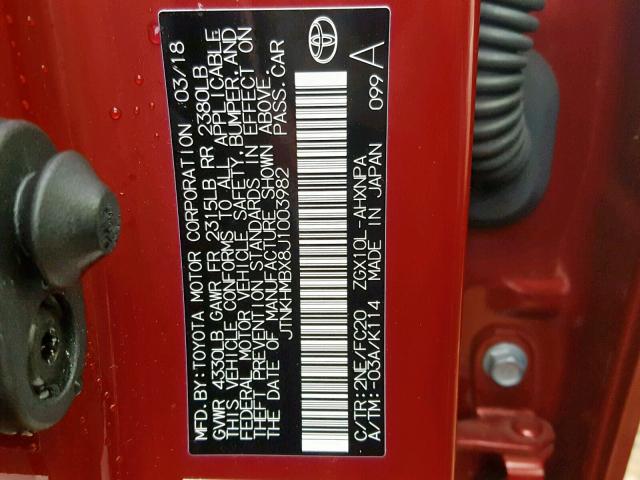 JTNKHMBX8J1003982 - 2018 TOYOTA C-HR XLE RED photo 10